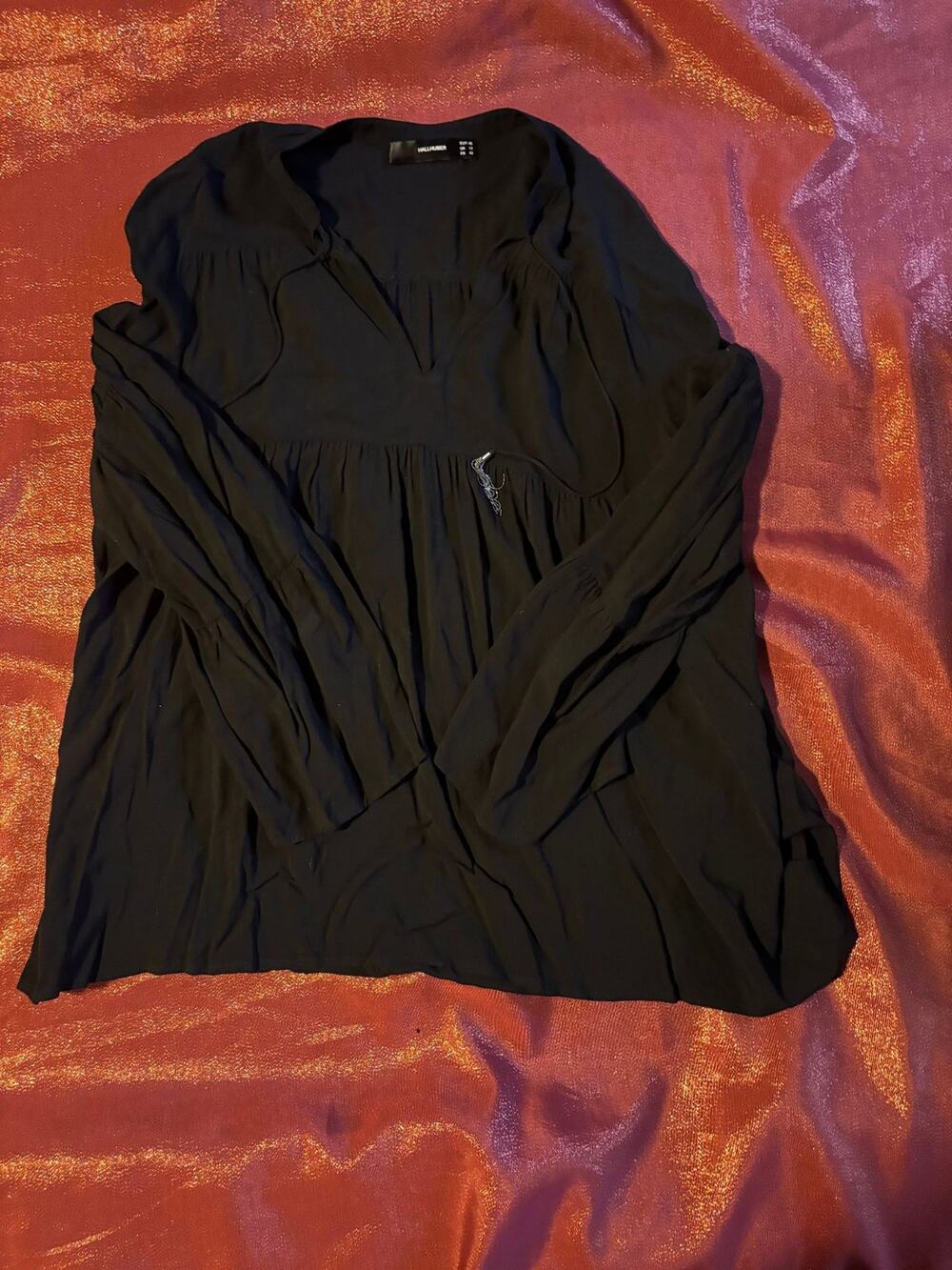 Hallhuber Blouse Womens L Black Long Sleeve Tiered Tunic V-Neck Drawstring